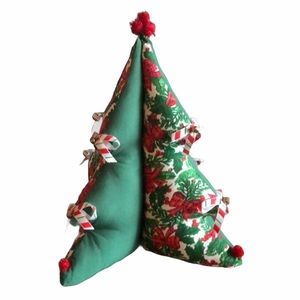 Handmade Fabric Holiday tree Green Red 14” Tall